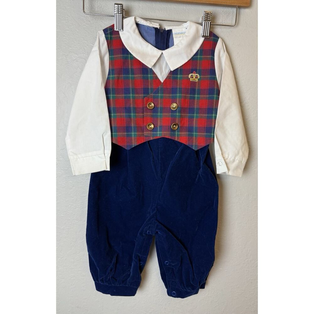 Mothercare Vintage Boy's 24M Holiday Outfit One Piece Set Vest Velvet Pant Plaid